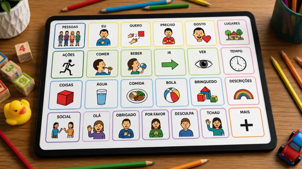 Tablet sobre uma mesa com uma prancha de comunicação por pictogramas, cercado por brinquedos